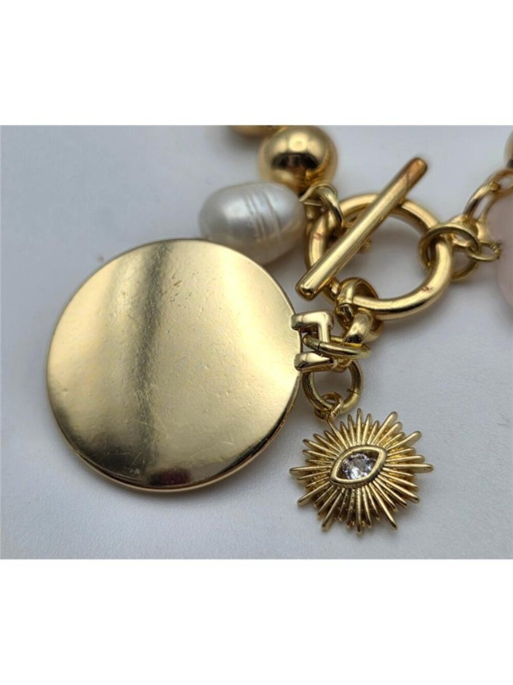 Gold Tone Rose Quartz Pearl Celestial Sun Moon Eye Charm Necklace 18 in - Picture 6 of 8